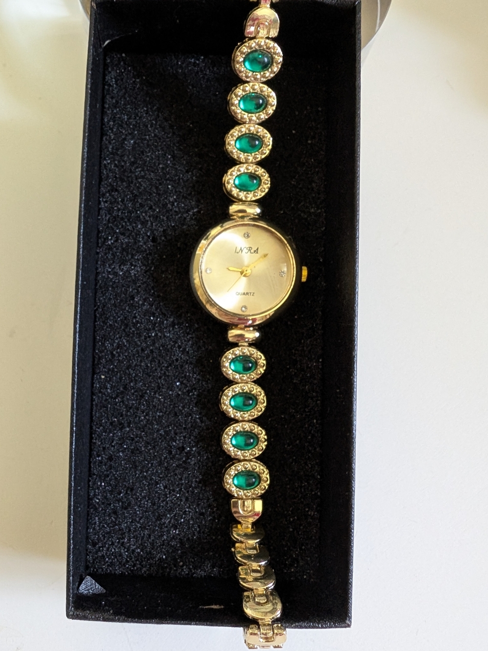 INRA Women’s Green Rhinestone Bracelet Quartz Watch Vintage Gold Tone

 